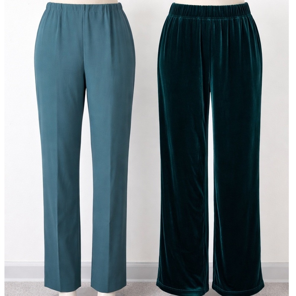 2 Pk Susan Graver Size L Petite Teal Straight Leg & Green Velvet Wide Leg Pants